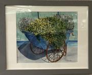 Photo of watercolor of flowers in a blue vintage wheelbarrow.