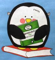 Cartoon penguin with bolts reading the Penguin Books edition of Frankenstein