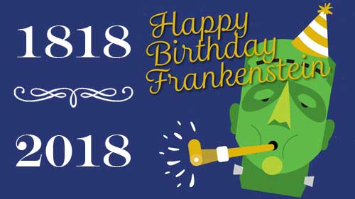 Cartoon of frankenstein's monster blowing a horn with a party hat