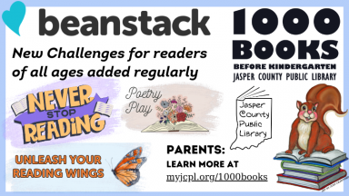 Collage with Beanstack logo and JCPL 1000 Books before Kindergarten logo